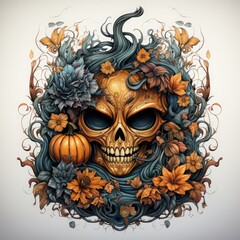 Skull with autumn leaves and pumpkins. Halloween vector illustration.