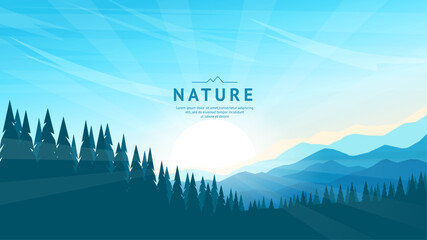 Mountainous terrain. Gentle hills in the distance and silhouettes of fir trees in the foreground. Sunrise, blue sky. Vector illustration for background, web page, wallpaper, banner.