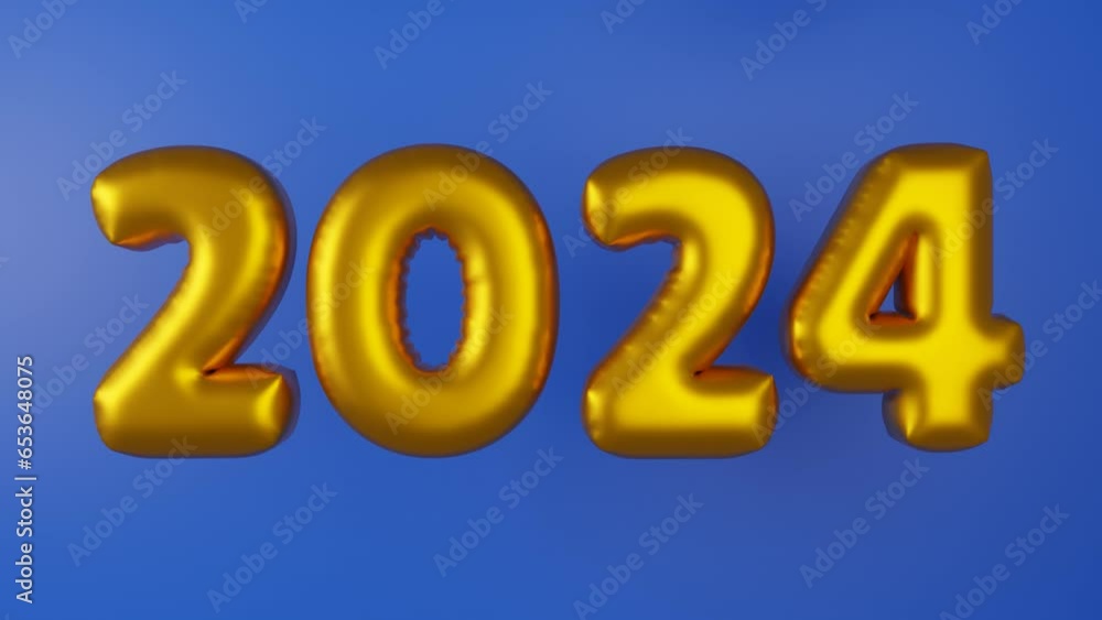 Poster new year, festive 3d animation of the date of 2024 new year. numbers of golden balloons float in the