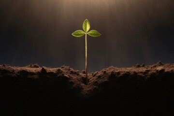 Green seedling in the shape of a cross in a fertile soil with rays of light illustrating concept of new life and growth - obrazy, fototapety, plakaty