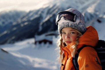 Fototapeta na wymiar Little girl snowboarder with equipment helmet and goggles outwear holding snowboard resting on top of ski slope in sunlight. 6-7 years girl at ski resort in sunny winter day. Free space for you text