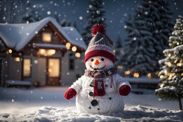 Obraz premium As the snow falls gently around him, a jolly snowman comes to life in a magical winter scene, complete with sparkling pine trees and twinkling lights