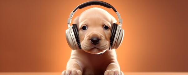 A Young And Adorable Puppy Indulges In The World Of Music Donning A Headset And Enjoying Every Note...