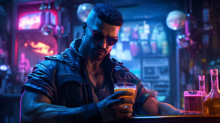 Attractive Man in a Bar with a Glass of Beer in His Hands. Cyberpunk style illustration.