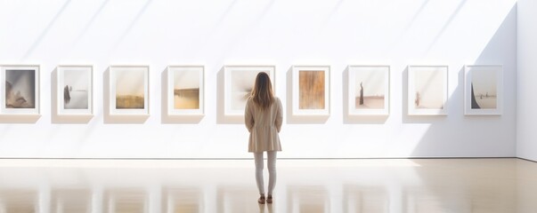 A Young Woman Explores A Modern Art Gallery Appreciating The Beauty Of Contemporary Creations . Сoncept Seeing Beauty In Contemporary Art, Exploring A Modern Art Gallery