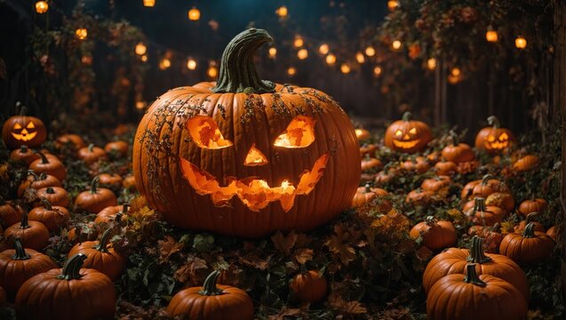  A magical  pumpkin wonderland, with pumpkins transformed into fantastical creatures and scenes, bringing the imagination to life in a stunning visual display 