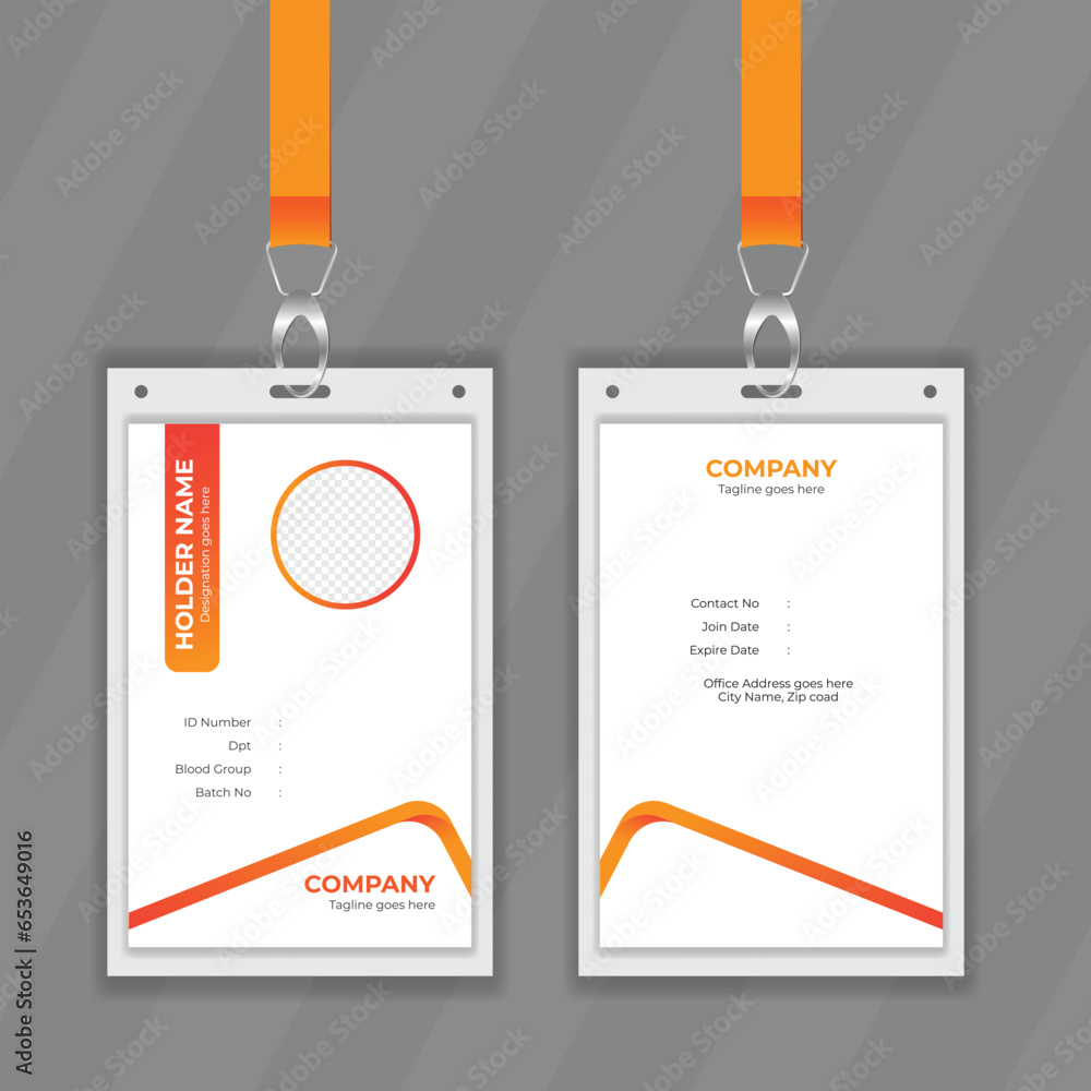 Poster professional and orange color id card design presentation. double sided colorful design student iden