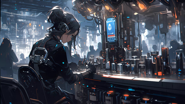 Beautiful Young Brunette Woman Bartender Working at the Bar. Cyberpunk style illustration.