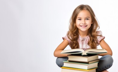 Portrait of a little girl embracing her books, isolated over white background