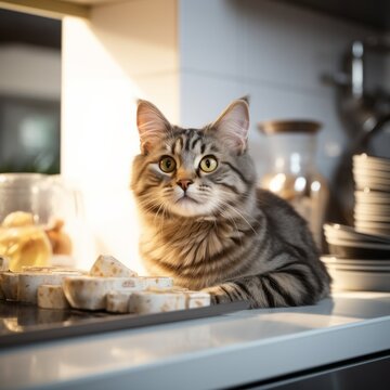 Beautiful ginger long hair cat lying on kitchen table on a sunny day at home