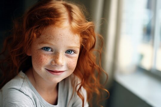 Naklejki close-up portrait of beautiful smiling child girl with red hair, adorable girl with freckles and unusual natural beauty look at camera and smile