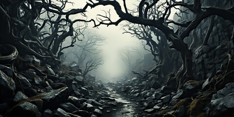 AI Generated. AI Generative. Spooky horror evil dark gothic halloween forest jungle twisted tree branches decoration background. Can be used for Halloween inspiration