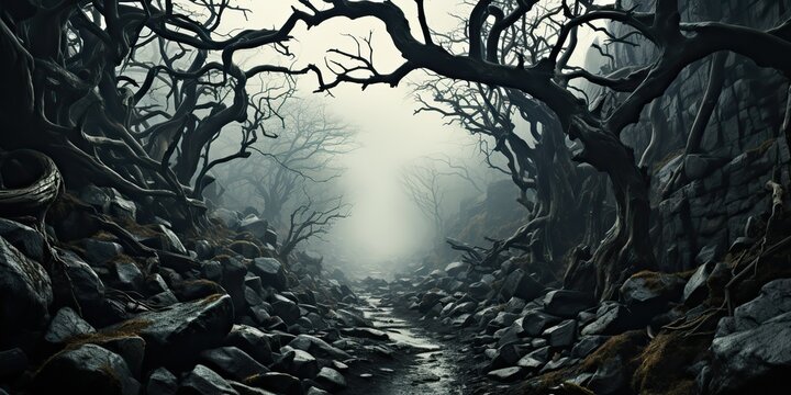 AI Generated. AI Generative. Spooky horror evil dark gothic halloween forest jungle twisted tree branches decoration background. Can be used for Halloween inspiration