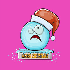 Vector cartoon snowball character with red santa claus hat isolated on pink background. Childrens Merry Christmas greeting card with funny monster snow ball. Cartoon Santa