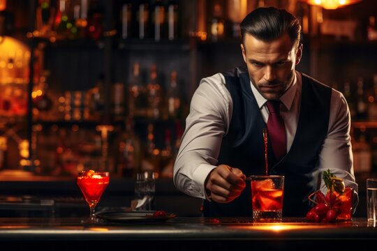 Professional bartender is making cocktail at night club