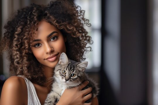 Portrait of young african american woman holding cute cat with green eyes. Female hugging her cute long hair kitty. Background, copy space, close up. Adorable domestic pet concept.