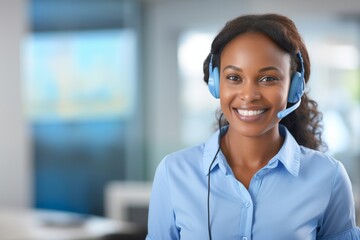 Female customer support operator with headset and smiling