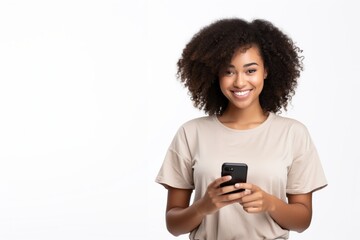 Woman with curly hair happily edits photo from dating app on mobile phone isolated on white background.