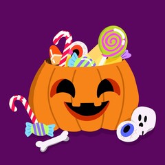 set of halloween pumpkin bucket filled with sweet candy illustration cartoon design