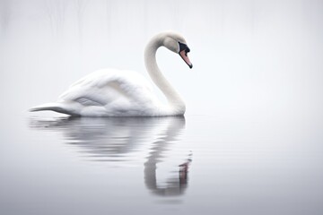 Naklejka premium Beautiful white swan swimming on water with reflection in thick fog on the lake
