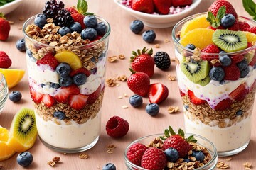 Yogurt Parfait with Fruits and Granola in glass