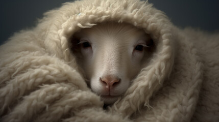 A cute white sheep lamb wrapped up in a blanket made of sheep wool, looking at the camera.