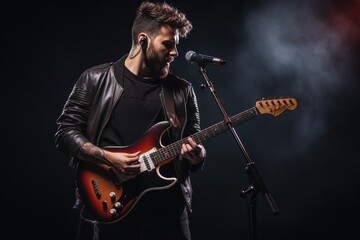 Obraz premium Portrait of rock singer man keeping electric guitar and static acoustic mic, sings a song loudly. Concept of rock music and rave.