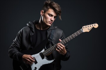 Obraz premium Portrait of rock singer man keeping electric guitar and static acoustic mic, sings a song loudly. Concept of rock music and rave.