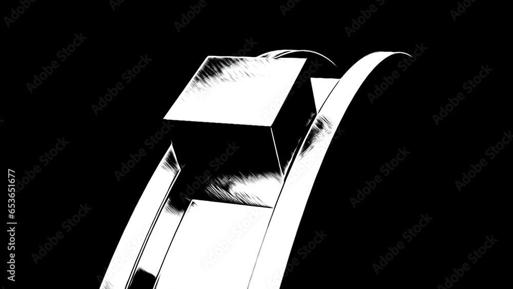 Poster abstract geometric pattern with metal arc and rolling 3d cube on a black background. design. surreal