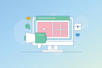 Content marketing concept, Video content, Social media video, Video views, promoting video content on web, video advertising. Vector illustration background.