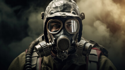 A soldier wearing a gas mask looks directly at the camera against a smokey, darkened background.