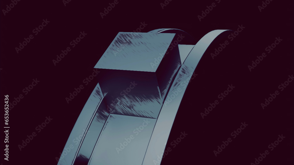 Poster abstract geometric pattern with metal arc and rolling 3d cube on a black background. design. surreal