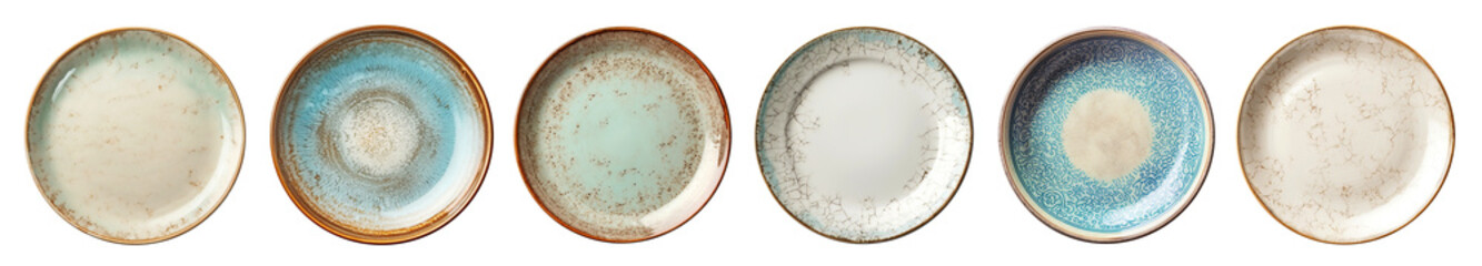 Set of vintage, retro, rustic ceramic empty plates or saucers. Isolated cutout on transparent or white background.