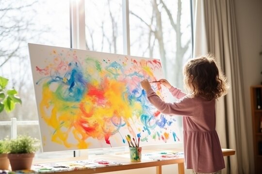 A little girl is happily drawing and painting.