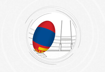 Mongolia flag on rugby ball, lined circle rugby icon with ball in a crowded stadium.