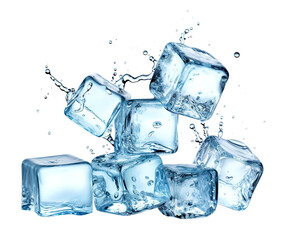 Crystal clear frozen ice cubes and water splash. Isolated cutout on transparent or white background.