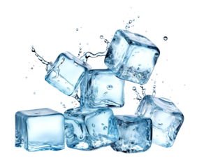 Crystal clear frozen ice cubes and water splash. Isolated cutout on transparent or white background.