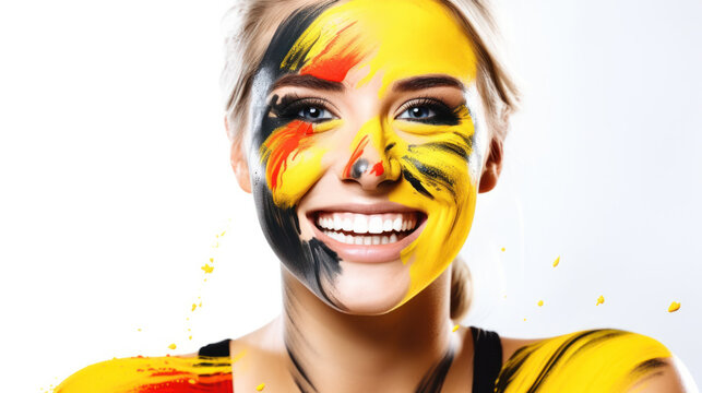 Portrait of a woman with the flag of the Germany painted on her face.