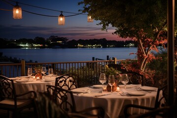 A serene waterfront restaurant with a mesmerizing view, offering a romantic atmosphere for outdoor dining accompanied by a glass of wine. Generative AI