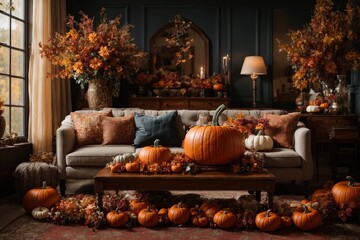 Obraz premium Experience the magic of autumn with this living room, boasting a stunning fall color palette, intricate floral arrangements, and charming pumpkin decor