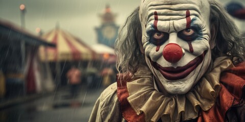 An Image Of A Terrifying Clown In Front Of A Circus Generating A Sense Of Suspense . Сoncept Fearful Clown, Circus Atmosphere, Suspenseful Mood, Stunning Image