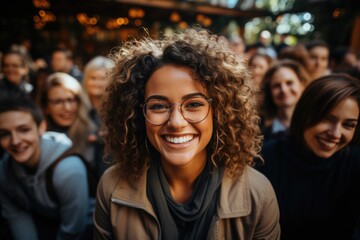 Obraz premium A diverse, joyful group of friends smiling, socializing, and looking at camera. Generated AI