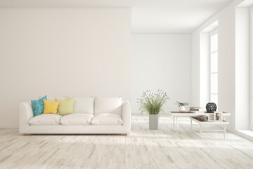 White scandinavian interior design with sofa. 3D illustration