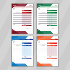 Minimal Invoice design presentation with multiple color. Simple design template for billing with geometric shape. Stationery design idea also vector layout. Printable design layout for Invoice. 