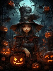 A young girl in a black witch dress surrounded by pumpkins and against the background of the night. Generated by AI.