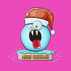 Vector cartoon snowball character with red santa claus hat isolated on pink background. Childrens Merry Christmas greeting card with funny monster snow ball. Cartoon Santa
