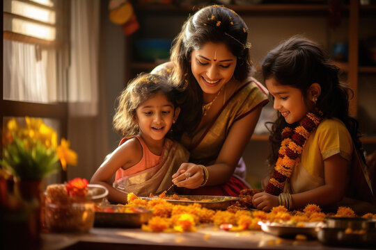 indian woman celebrating makar sankranti festival with her little girl