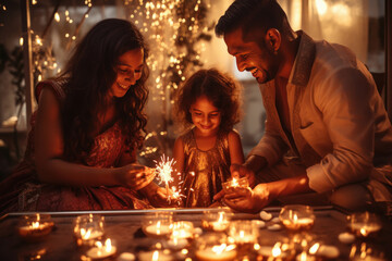 Indian family celebrating diwali festival together at home. - obrazy, fototapety, plakaty
