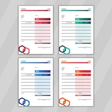 Invoice design template with multiple color. editable and modern design presentation for business document or invoice design with white background. Minimal invoice design concept also easy to print.