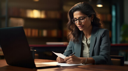 Indian businesswoman or corporate employee using laptop - obrazy, fototapety, plakaty